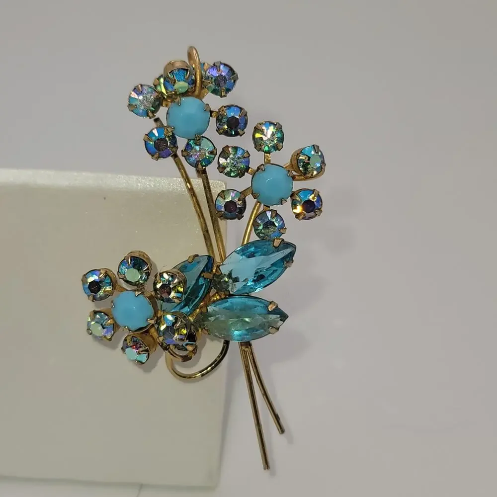 Vintage Gold-tone Blue, Turquoise-colored & Aurora Borealis Floral Brooch